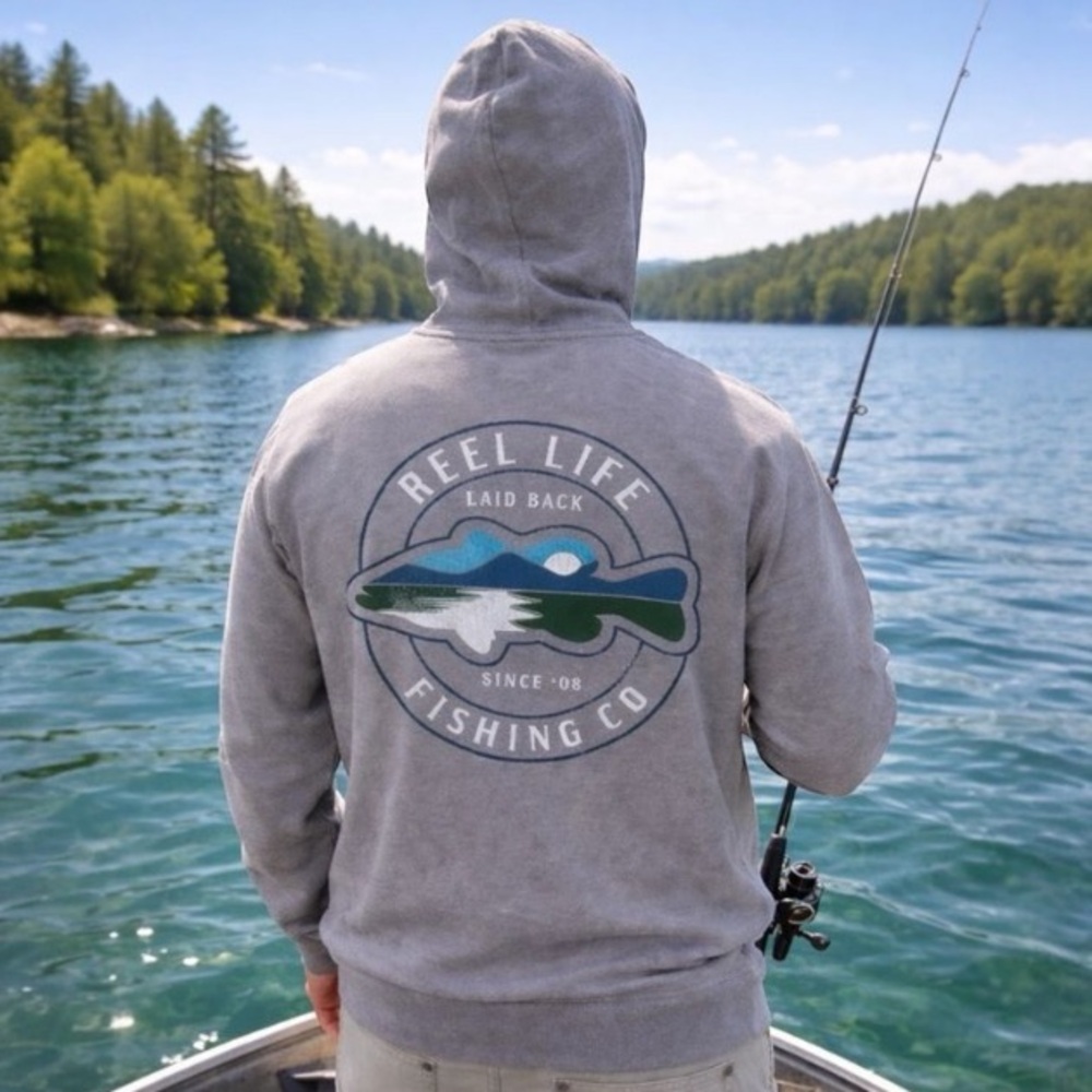 Reel Life Mens XL Gray Full Zip Hoodie Sweatshirt Bass Fishing Graphic Outdoor